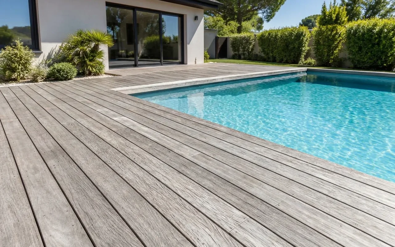 Deck de madeira de piscina antes da restauração na Zona Norte de SP