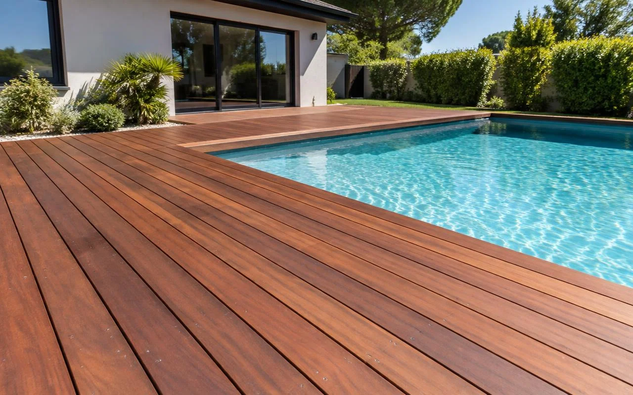Deck de madeira de piscina depois da restauração na Zona Norte de SP