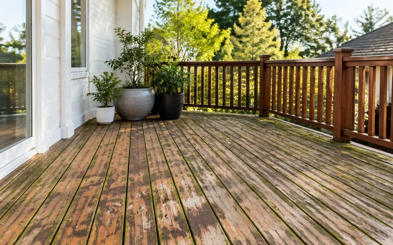 Deck de madeira de varanda antes da restauração na Zona Norte de SP