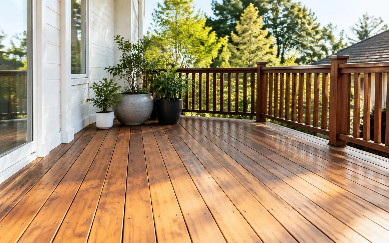 Deck de madeira de varanda depois da restauração na Zona Norte de SP